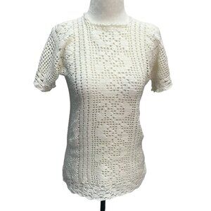 𝅺vintage Handmade Crochet White Short Sleeve Sweater Size S